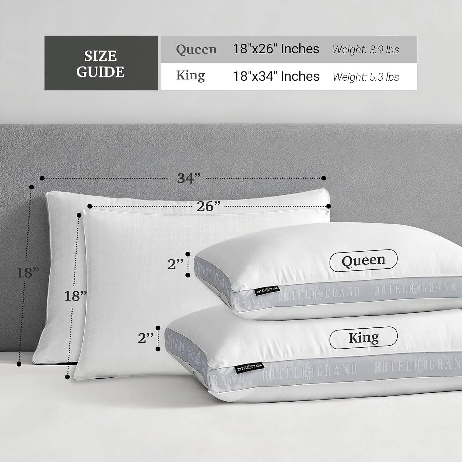 HotelGrand Hotel Grand Bed Pillows Queen Size Set of 2, 500 Thread Count Cotton Cover, Down Alternative Hotel Pillow for Side, Back, or Sto…