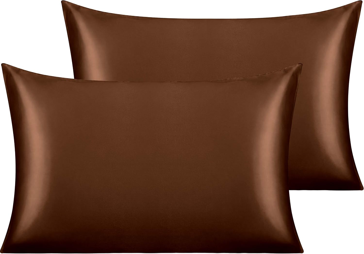 Ntbay 2 Pack Satin Queen Pillowcases for Hair and Skin, Luxurious and Silky Pillow Cases with Envelope Closure, 20x30 Inches, Brown 2 Pack…