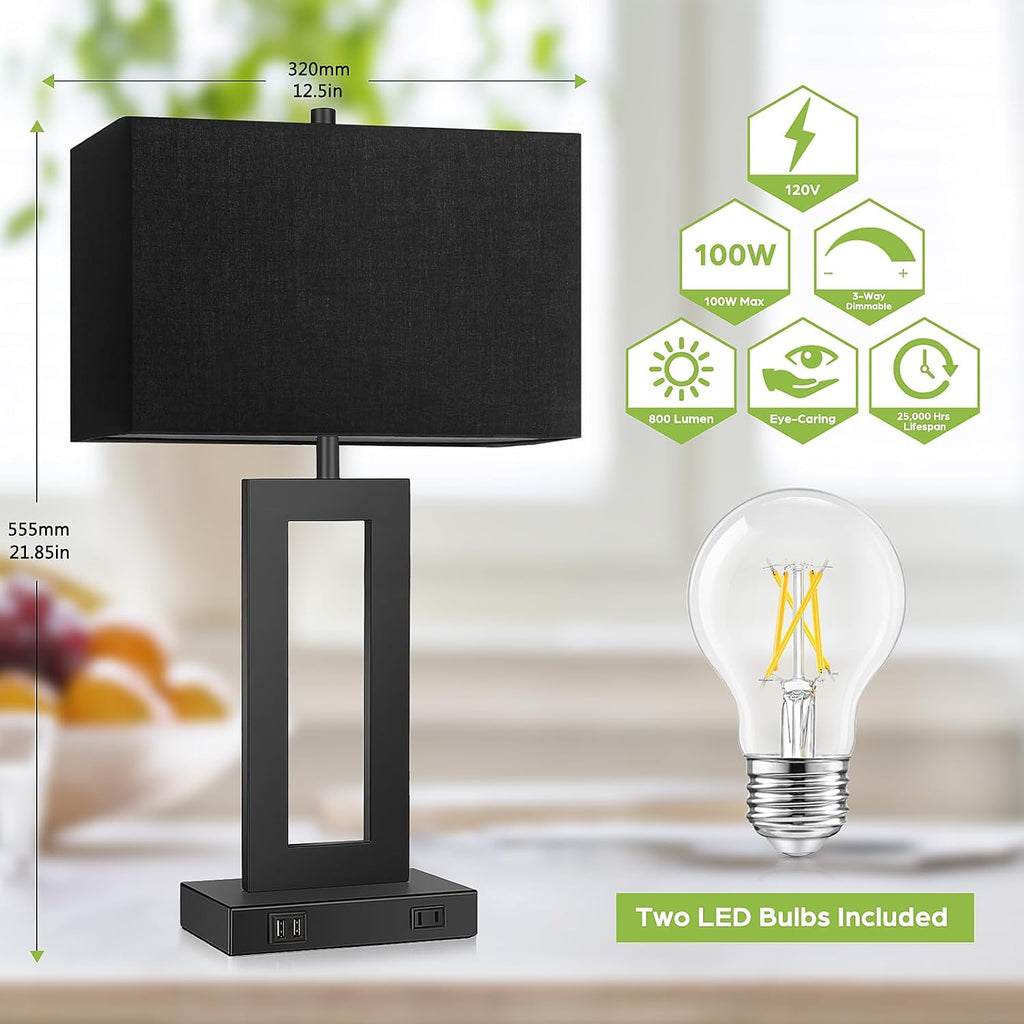 Tobusa Set of 2 Touch Control Table Lamps with 2 USB Ports&AC Outlet, 3-Way Dimmable Modern Nightstand Lamp Sets, Bedside Black Lamps for B…