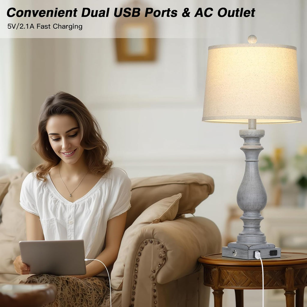 Cinkeda 29" Tall Farmhouse Table Lamp for Living Room Set of 2, Vintage Retro Nightstand Lamps with USB C+A Ports & AC Outlet,3-Way…