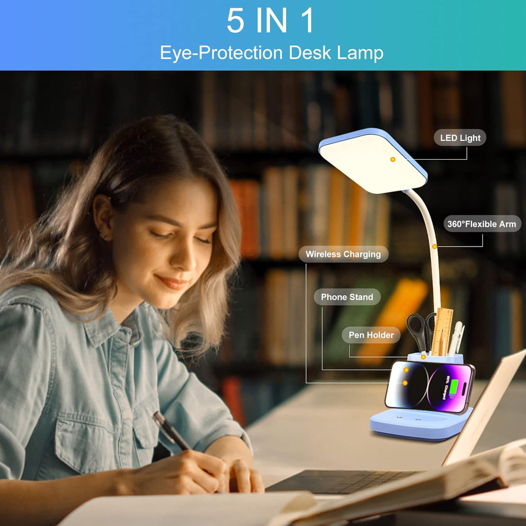 Small Desk Lamp, Blue Desk Lamp with Pen Holder, Wireless Charger LED Desk Lamps for Home Office, 800LM Flexible Arm 3 Modes Dimmable…