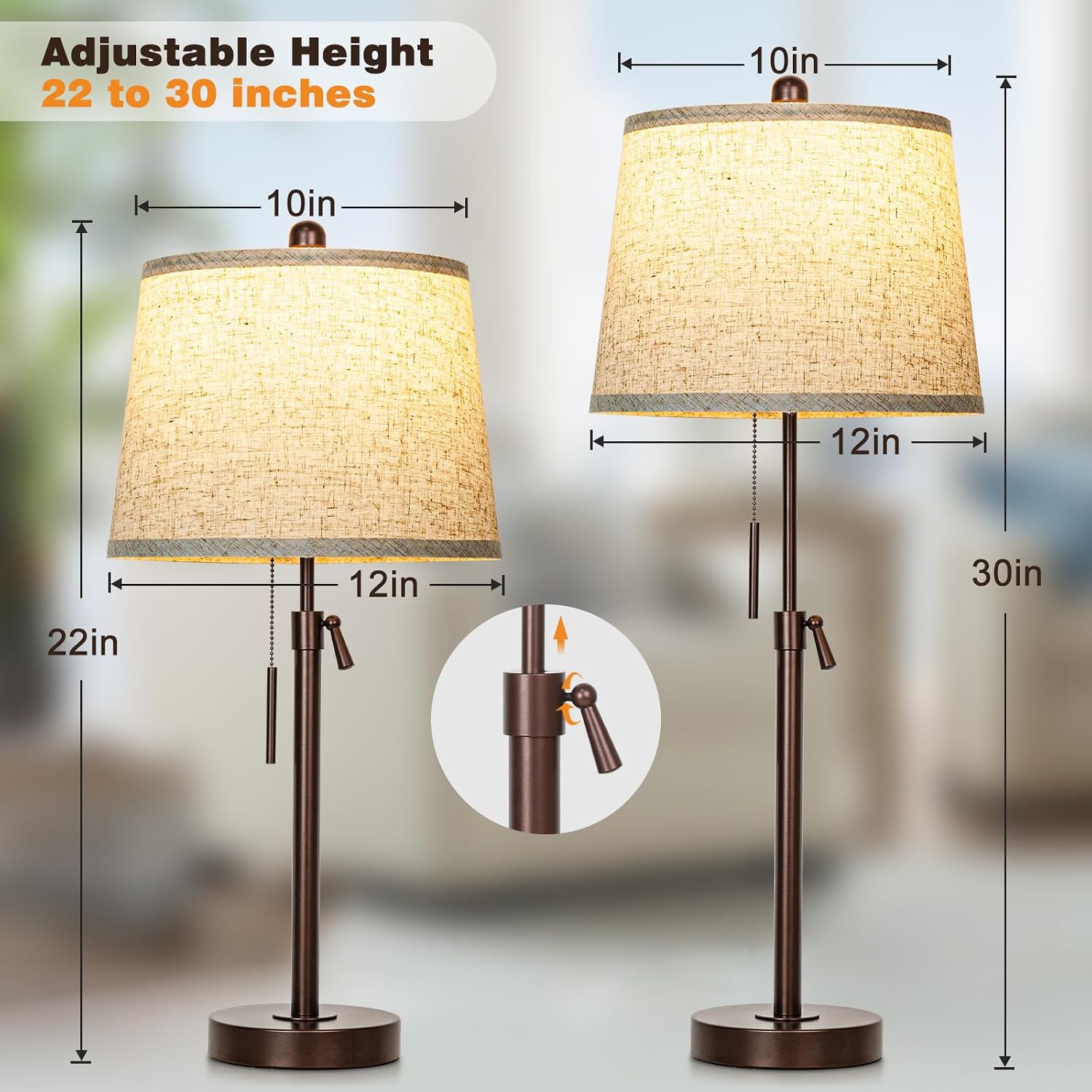 Table Lamps Set of 2, 22" to 30"Adjustable Height Bedside Lamps for Living Room 3 Color Temperatures Tall Nightstand Lamps Modern Brown…