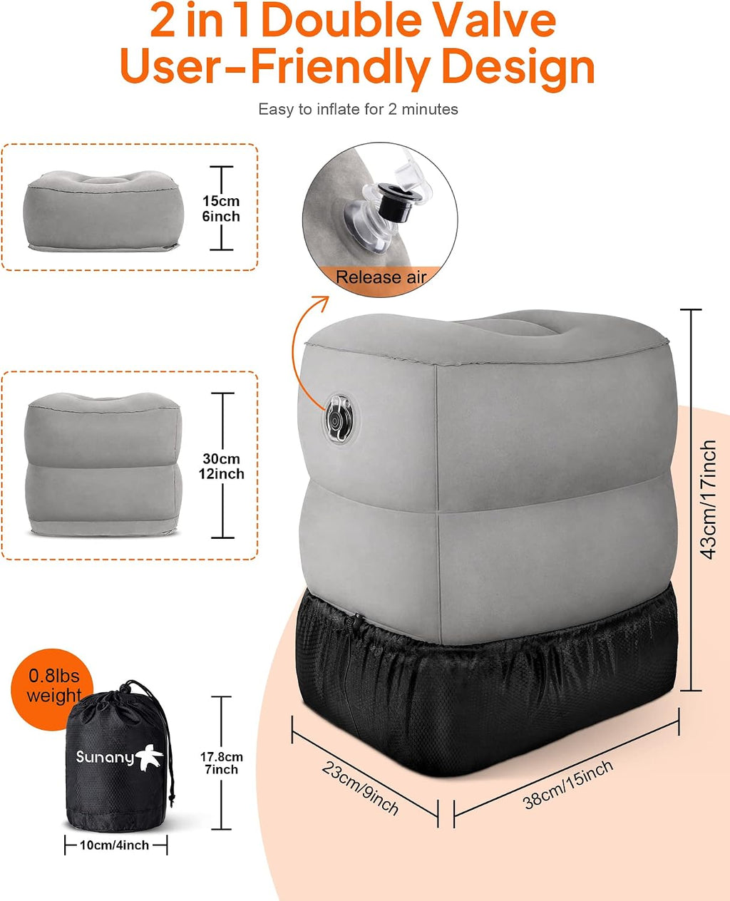 Sunany Inflatable Foot Rest Pillow for Travel, Kids/Adults Airplane Travel Pillow-Adjustable Height Cushions, for Kids to Sleep While Travel…