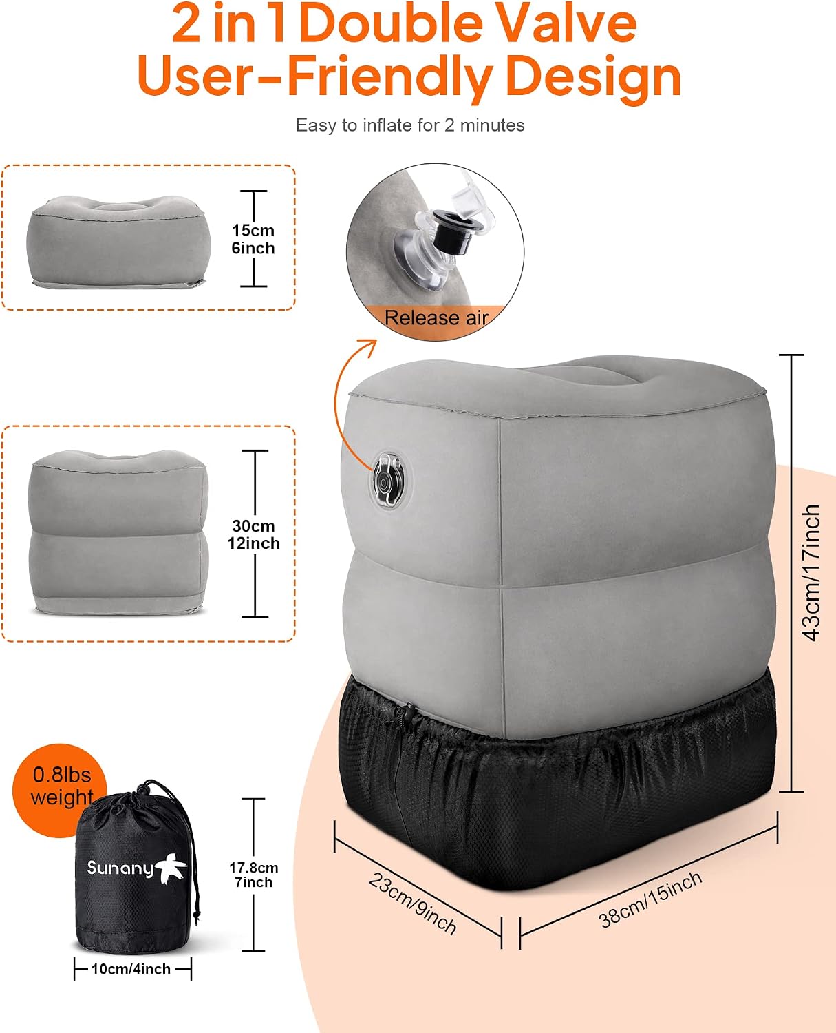 Sunany Inflatable Foot Rest Pillow for Travel, Kids/Adults Airplane Travel Pillow-Adjustable Height Cushions, for Kids to Sleep While Travel…