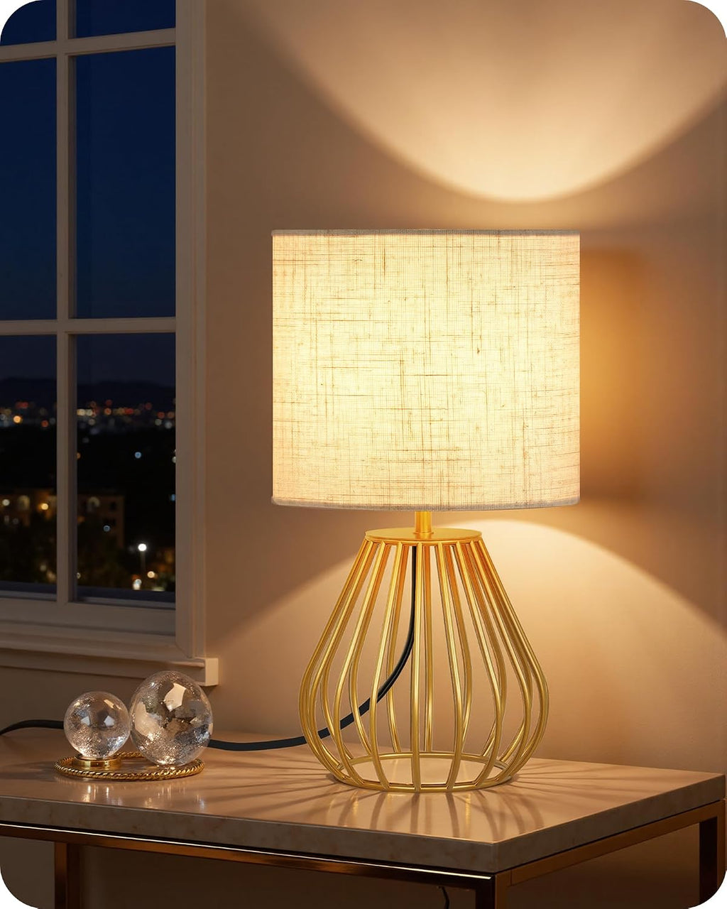 Gold Table Lamp, 12.6'' Small Table Lamp with Beige Linen Lampshade & Gold Cage Base, Modern Little Cute Desk Lamp, Bedside Lamp for…