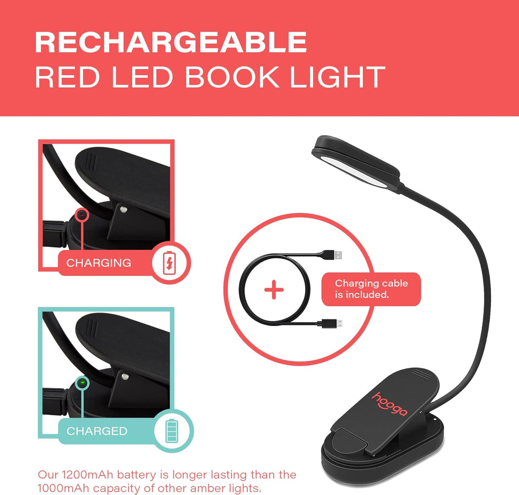 Hooga Red Book Light, Rechargeable Clip On 625nm LED Light for Reading in Bed. No Blue Light Emitted, Eye comfort Light for Strain-Free…