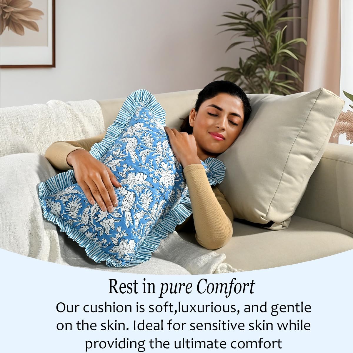 Cottonprintclub CPC Hand Block Print Blue Sapphire Ruffle Sham Pillow Cover 20" x 12" inch Hidden Zipper Decorative Pillowcase for Couch, B…