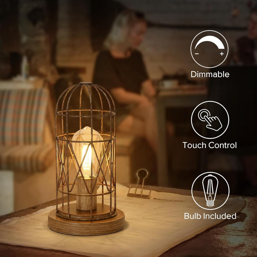 Touch Control Table Lamp for Small Spaces - 3 Way Dimmable Nightstand & Bedside Lamp for Bedroom & Living Room, Rustic Wood Cage Shade…