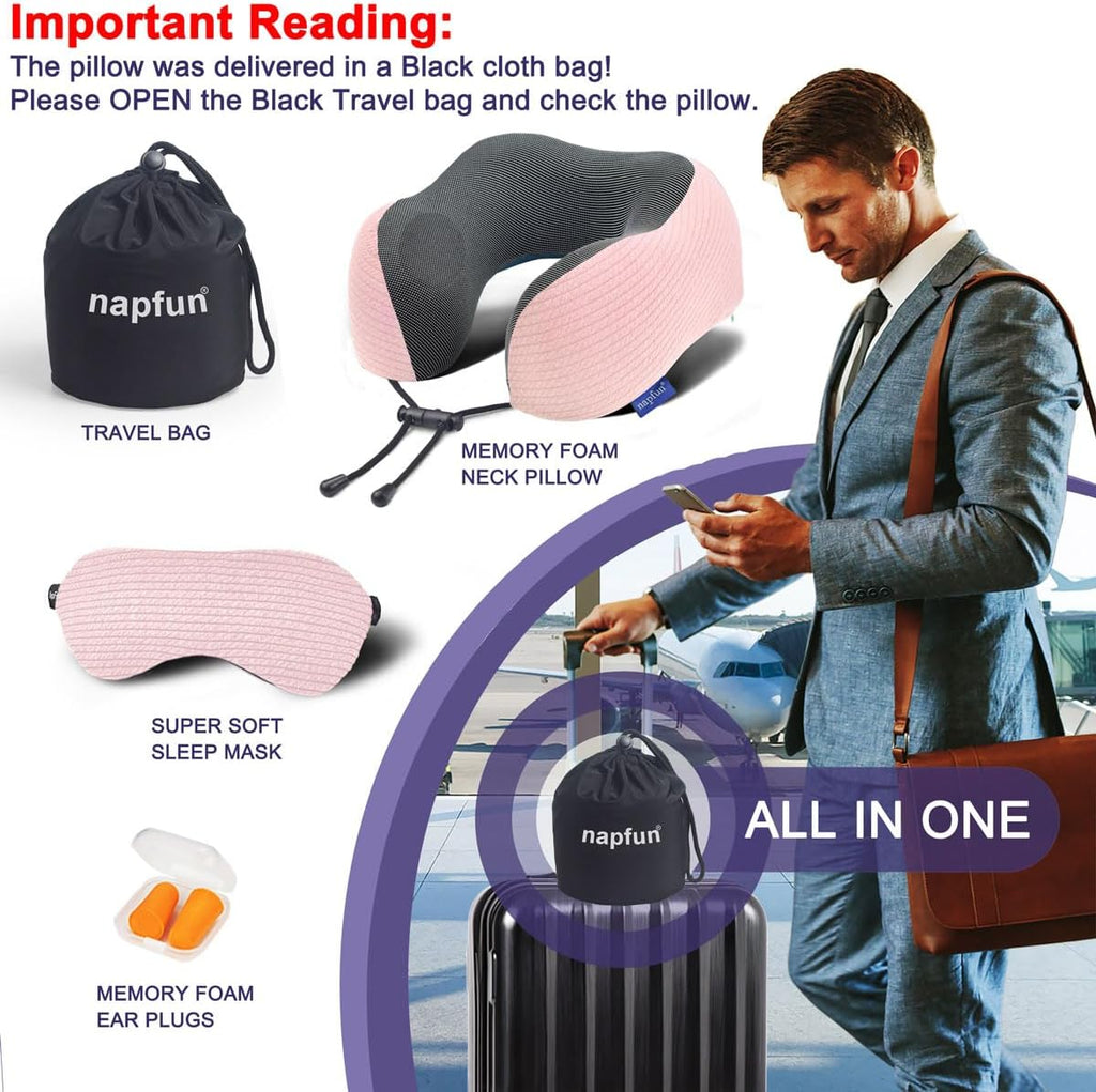 napfun Neck Pillow for Travel with Travel Pouch, Sleep Mask & Earplugs, Memory Foam Airplane Pillow for Headrest Sleep with Eyeshades…