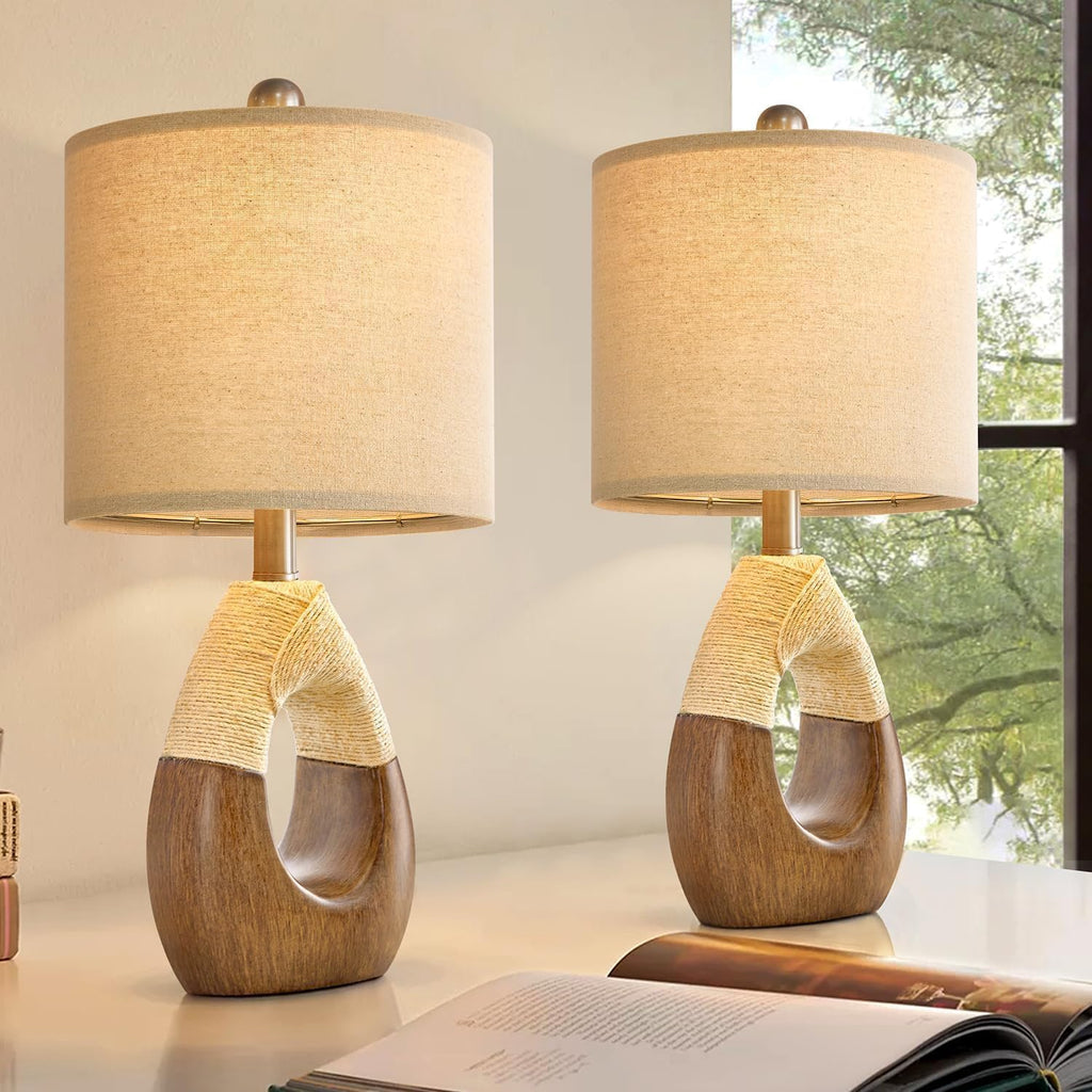 OYEARS Boho Table Lamps Bedroom Living Room Set 2, Suitable for Small Space, Farmhouse RattanTable Lamp 19”Rustic Egg Design Resin Light…