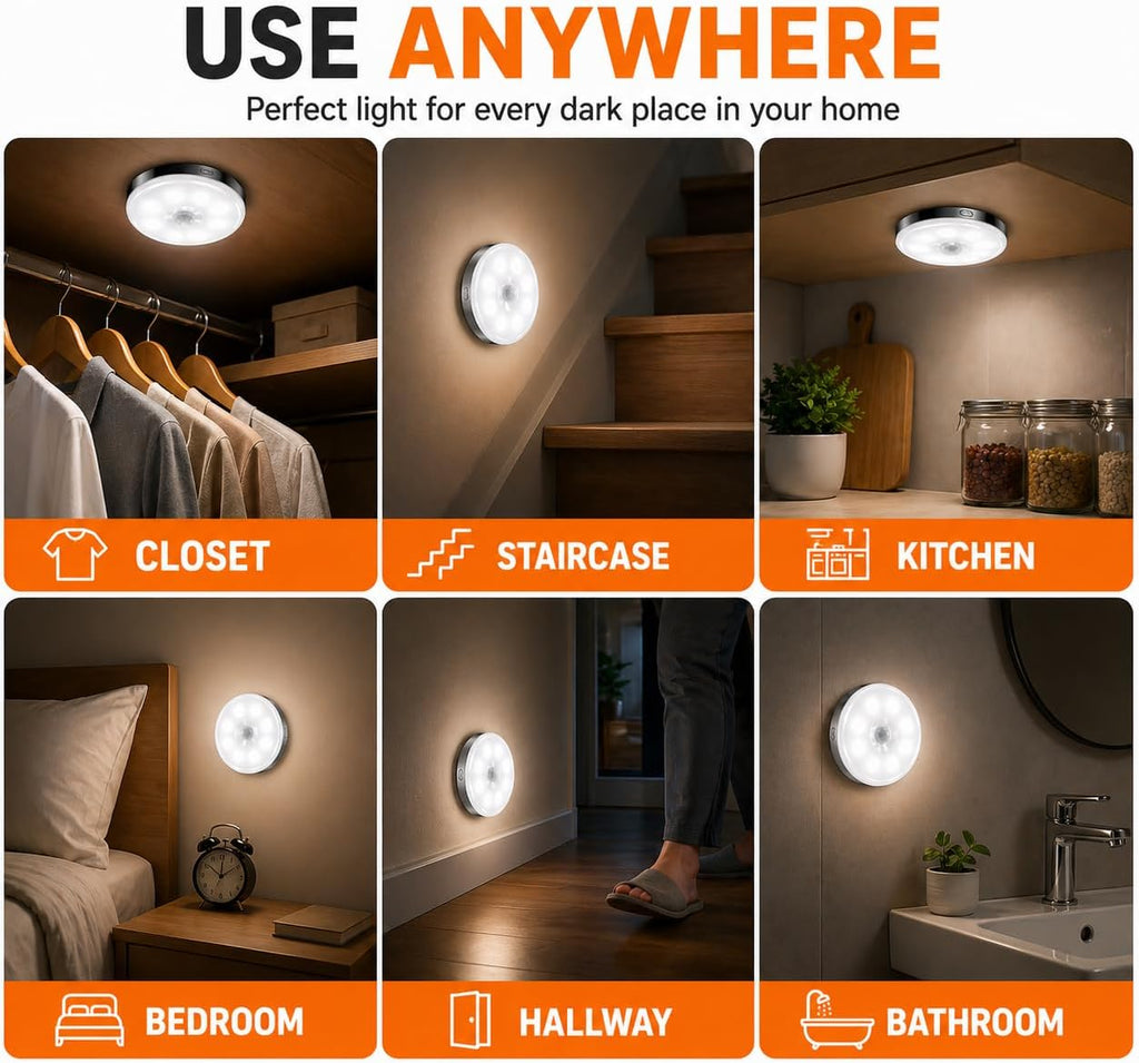 Motion Sensor Night Light Rechargeable, Magnetic Puck Lights, 3 Modes & Dimmable, Motion Sensor Stair Lights Indoor for Bedroom Bathroom…