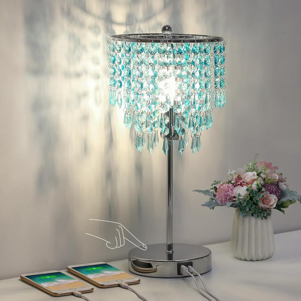 Touch Control Crystal Table Lamp, Dual USB Bedside Lamps for Bedroom, 3-Way Dimmable Nightstand Lamp with Elegant Teal Shade for Living…