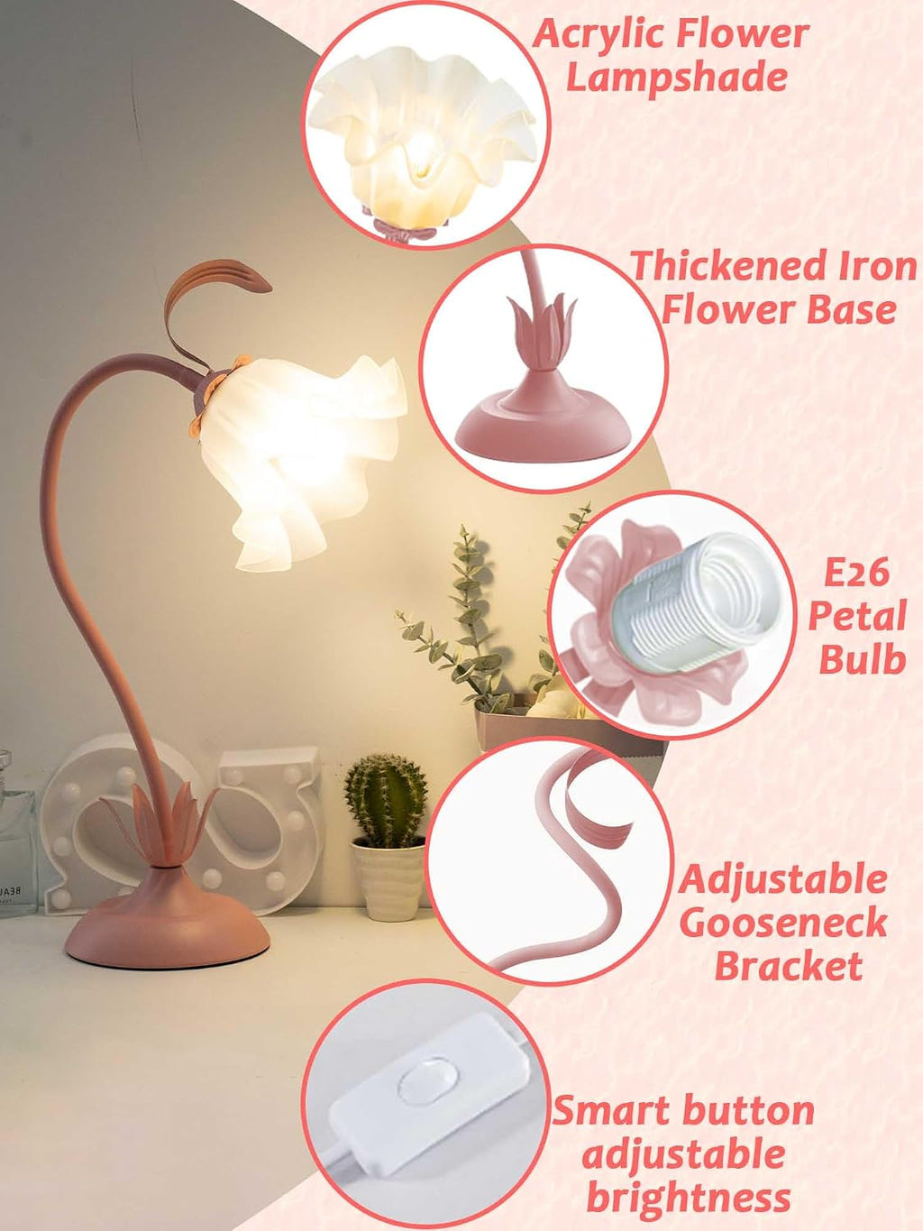 Aqdzcnf Flower Table Lamp, LED Reading Light Bedside Vintage Flower Night Light,3 Colors Modes Kawaii Bedside Lamps Decor, Living Room Bedroo…