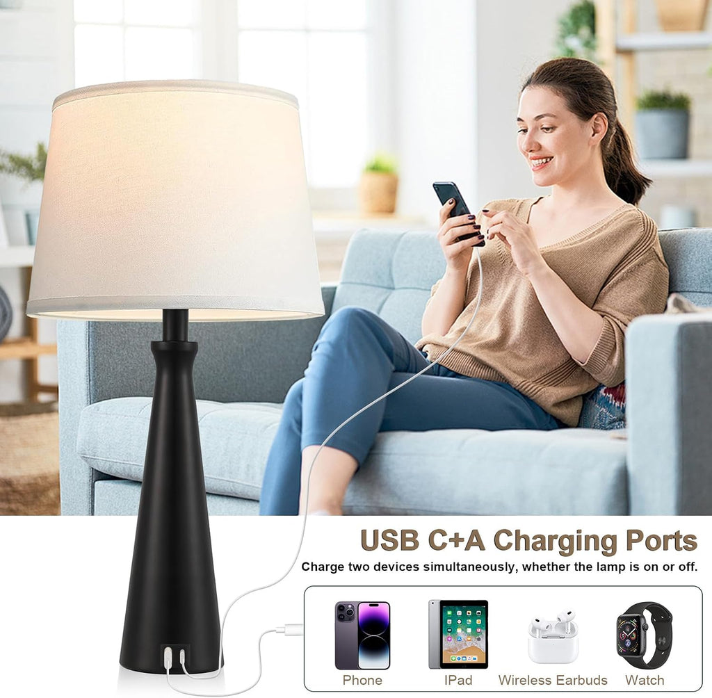 Seealle Modern Table Lamps Set of 2 - Touch Bedside Lamp for Nightstand with Dual USB C+A,3-Way Dimmable Black Nightstand Lamps for…