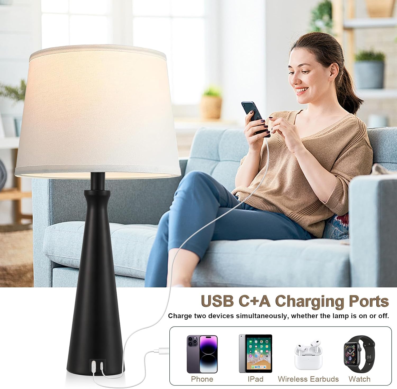 Seealle Modern Table Lamps Set of 2 - Touch Bedside Lamp for Nightstand with Dual USB C+A,3-Way Dimmable Black Nightstand Lamps for…