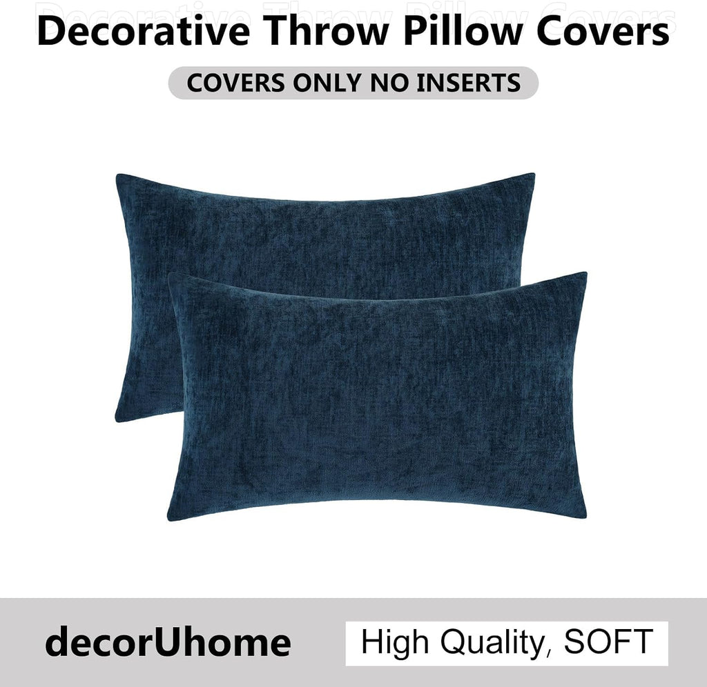 decorUhome Chenille Navy Blue Summer Throw Pillow Covers 12x20 Inch Set of 2, Decorative Soft Couch Pillow Covers Solid Dyed Accent Farmhou…