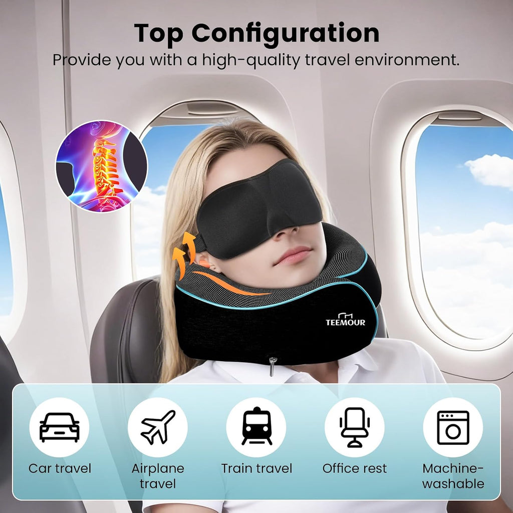 Travel Pillow Neck Pillow for Airplane Travel Essentials - Memory Foam Travel Neck Pillow, Stops Head Bobbing With Eye Mask & Earplugs…