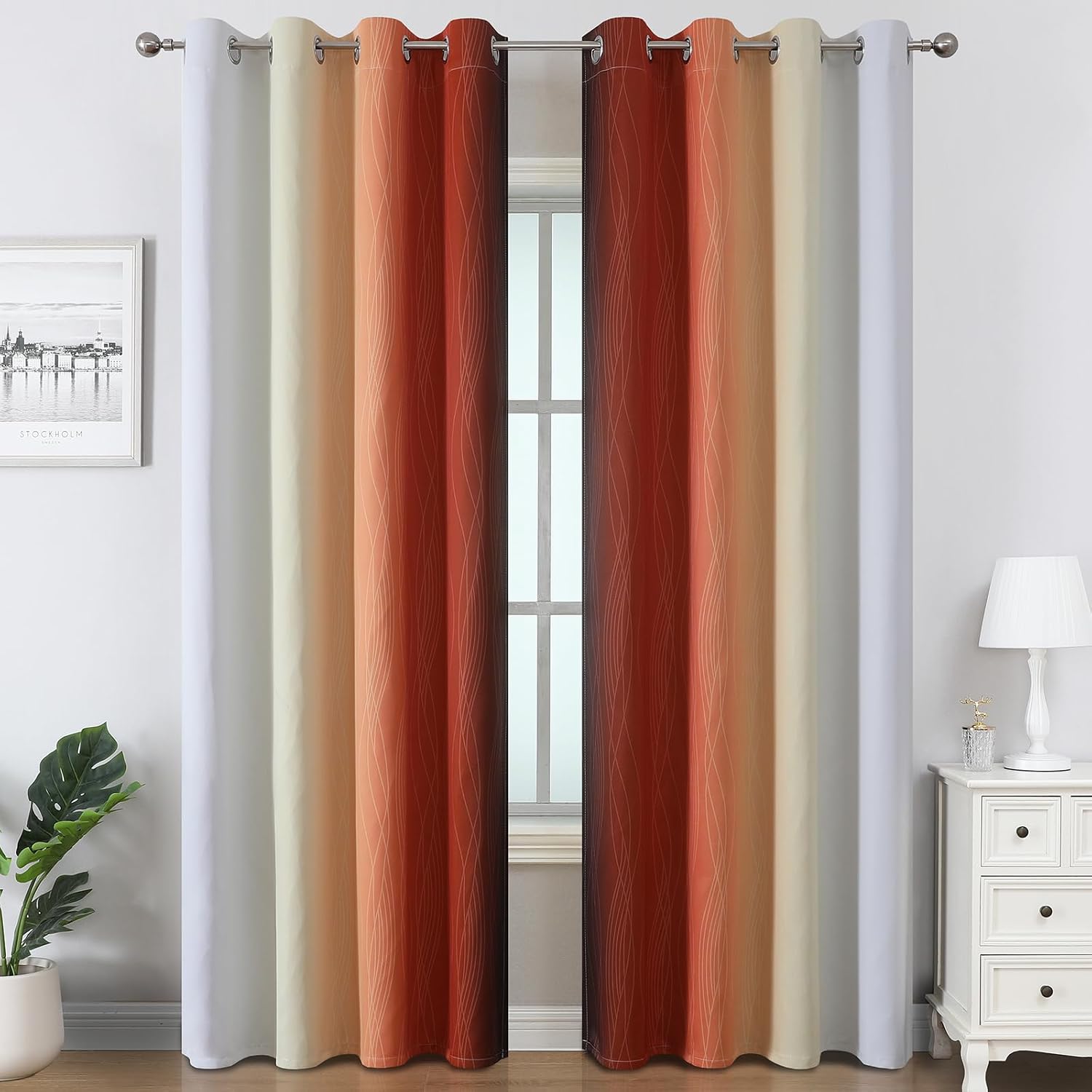 Estelartextiler Estelar Textiler Burnt Orange & Greyish White Ombre Blackout Curtains 96 Inch Length 2 Panels, Light Blocking Thermal Insul…