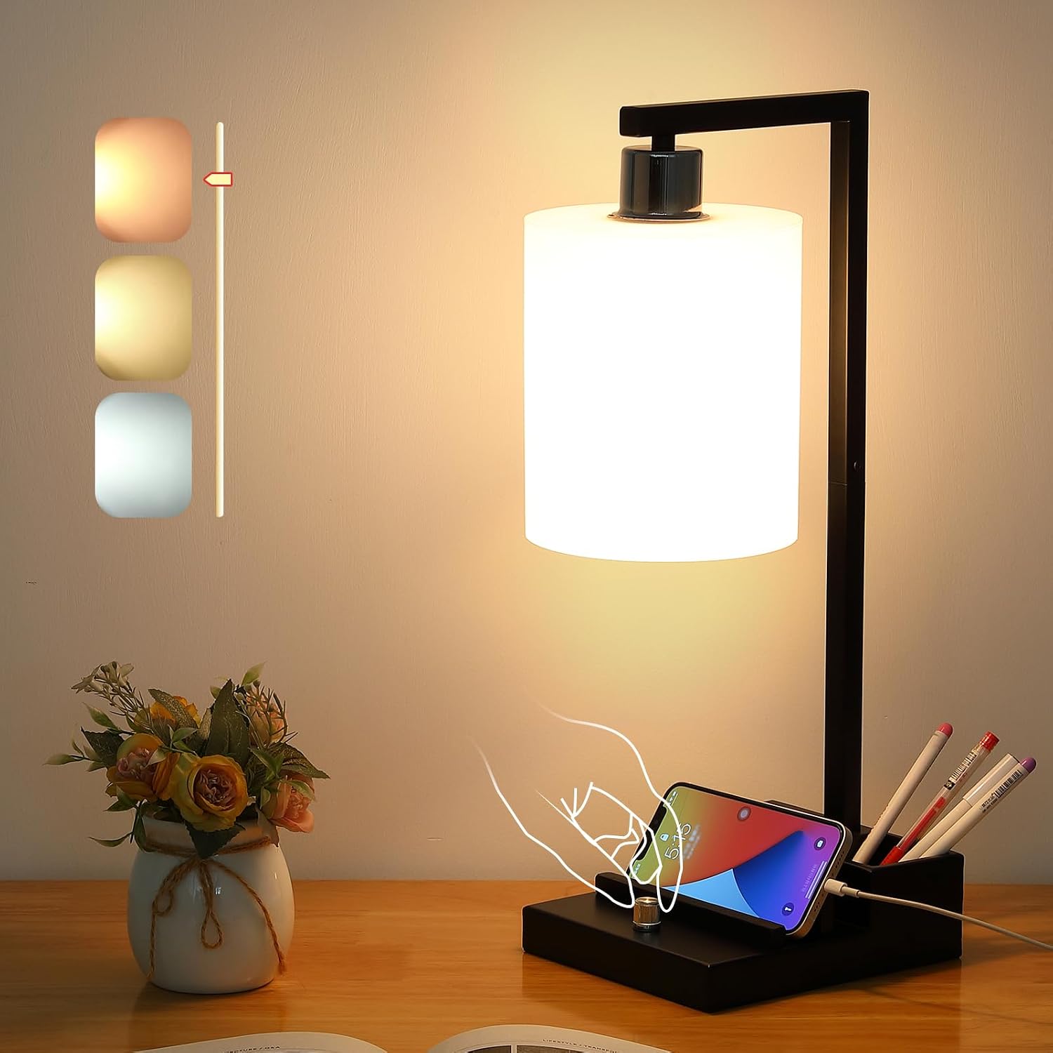 Bedroom Lamps for Nightstand, 3 Color Temperature Nightstand Lamp Bedside Lamps with Dual USB Ports and Outlet, Modern Table Lamp…