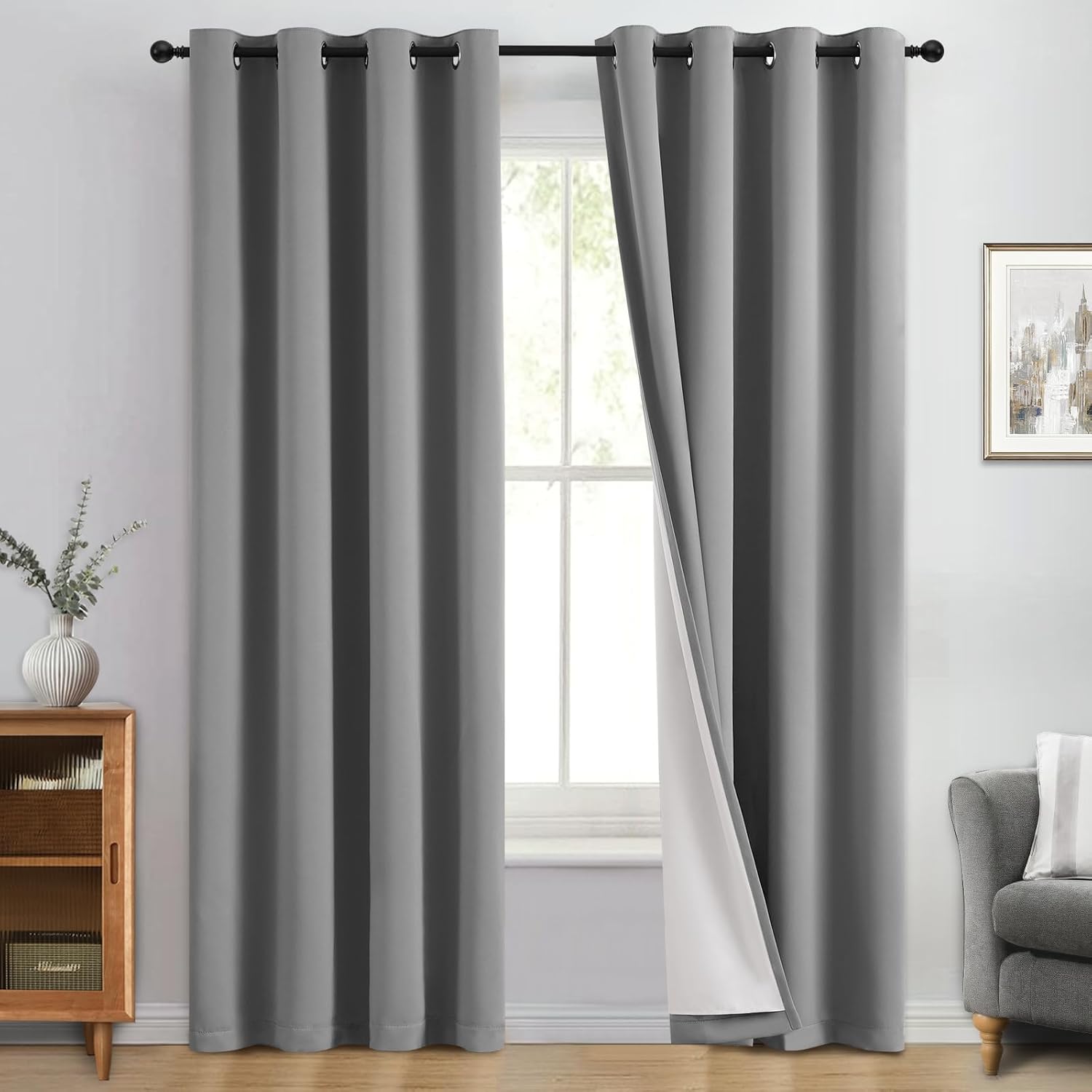 Yakamok 100% Blackout Curtain Panels 84 inches Cold and Light Blocking Drapes for Nursery, 2 Thick Layers Thermal Insulated Draperies (2 Pi…