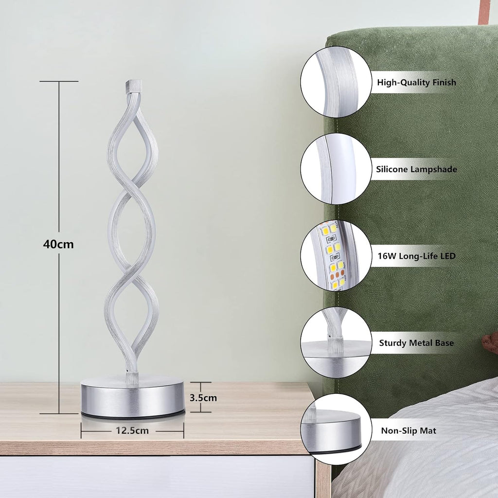 NUÜR Infinity Spiral LED Table Lamp Silver, Dimmable Metallic Bedside Lamp with Touch Controller, 3 Colour Temperature, 15.8 Inch Height…