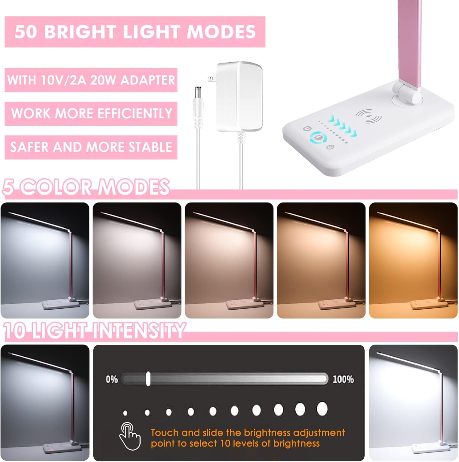 Jostic LED Desk Lamp with Wireless Charger, USB Charging Port, Desk Lighting with 10 Brightness, 5 Color Modes, Dimmable Eye Caring Reading…