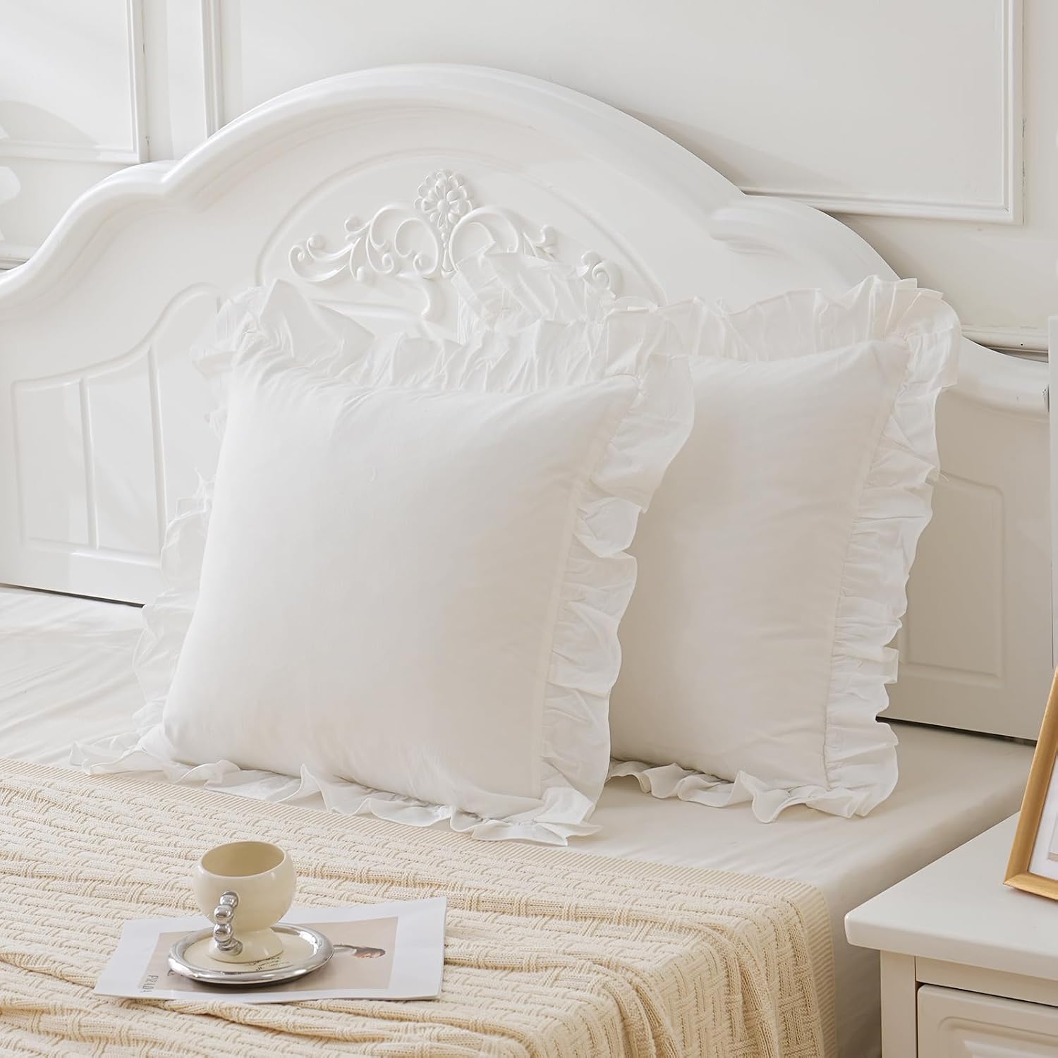 Qilunn Vintage Off White Ruffle Euro Shams Shabby Farmhouse Pillow Cover 100% Washed Cotton Pillowcases Set of 2-26"x26" White 2pcs Cotton…