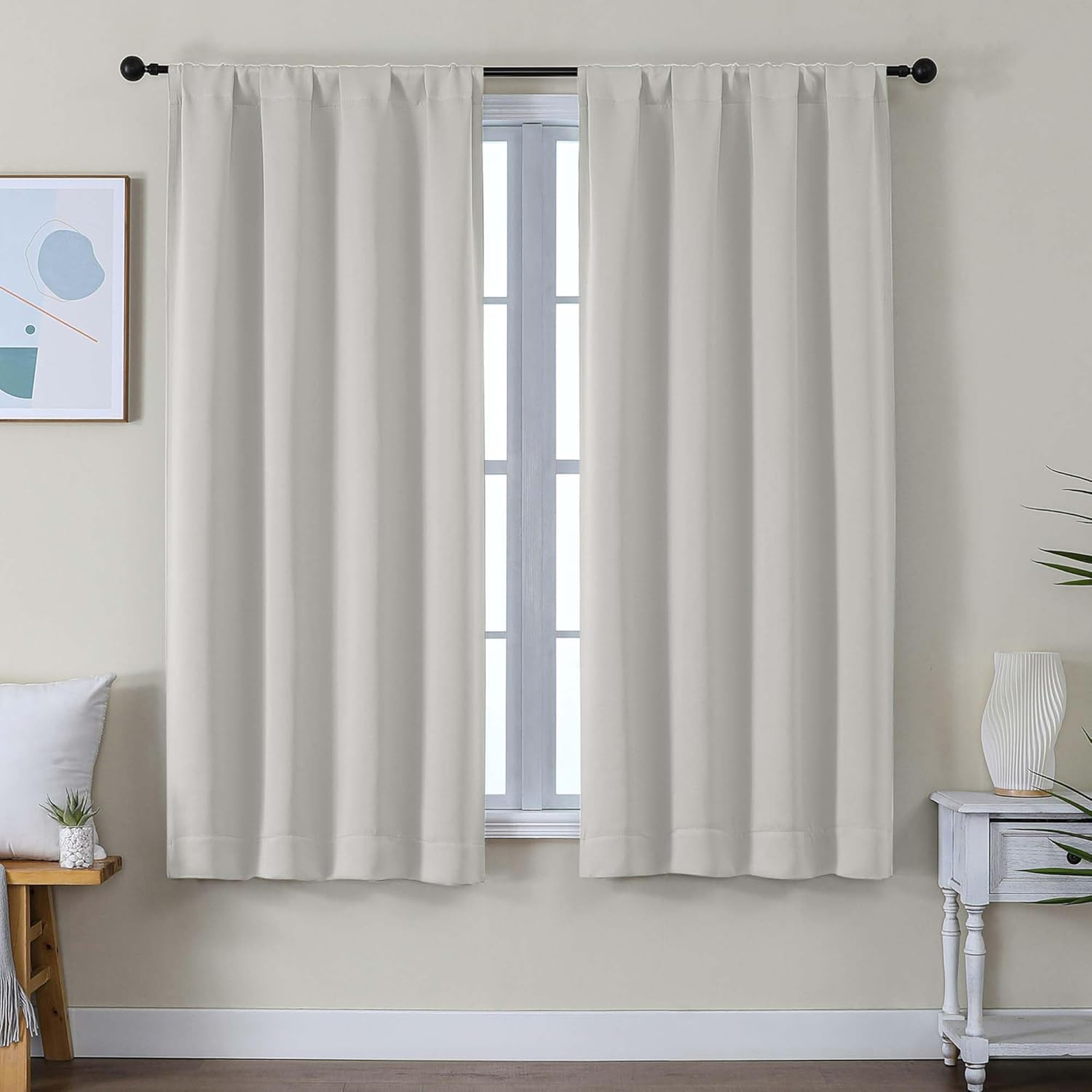 Simplebrand Ava Natural Blackout Curtains for Bedroom 63 Inch Length 2 Panels Set, Solid Thermal Insulated Energy Saving Rod Pocket Window…