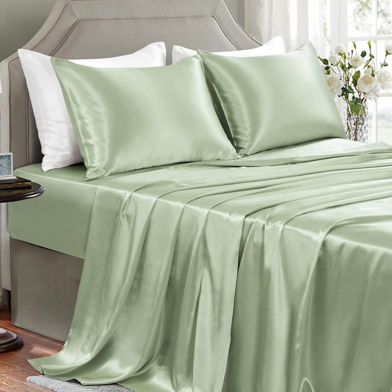 Golal Satin Sheets Queen Size - 4 Pieces Luxury Silky Soft Bed Sheets, Wrinkle-Free Sage Green Satin Silk Sheet Set with 1 Deep Pocket Fitt…