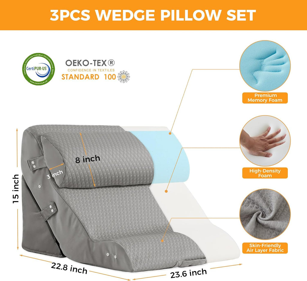 Ruqmuis 3PCS Wedge Pillow Set for After Surgery, Adjustable Back Pillow for Bed Sitting up, Acid Reflux, Bed Wedge Pillow Headboard for Sle…