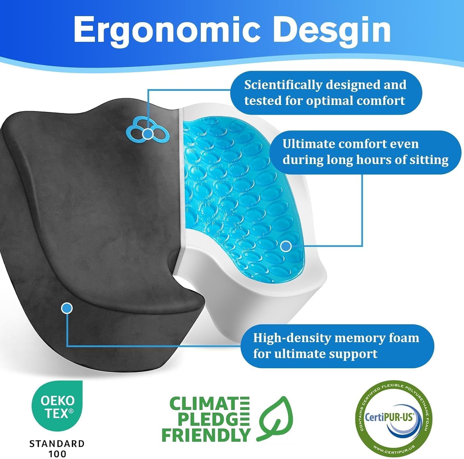 CushyOasis Seat Cushion, Gel Chair Cushions, Office Chair Cushions, Anti-Slip Bottom & Removable Cover Tailbone Cushion, Memory Foam Seat C…