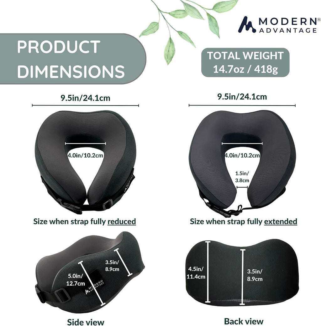 Modern Advantage Memory Foam Travel Neck Pillow for Airplanes – High Density Ergonomic Support, Adjustable Buckle Strap, Removable…