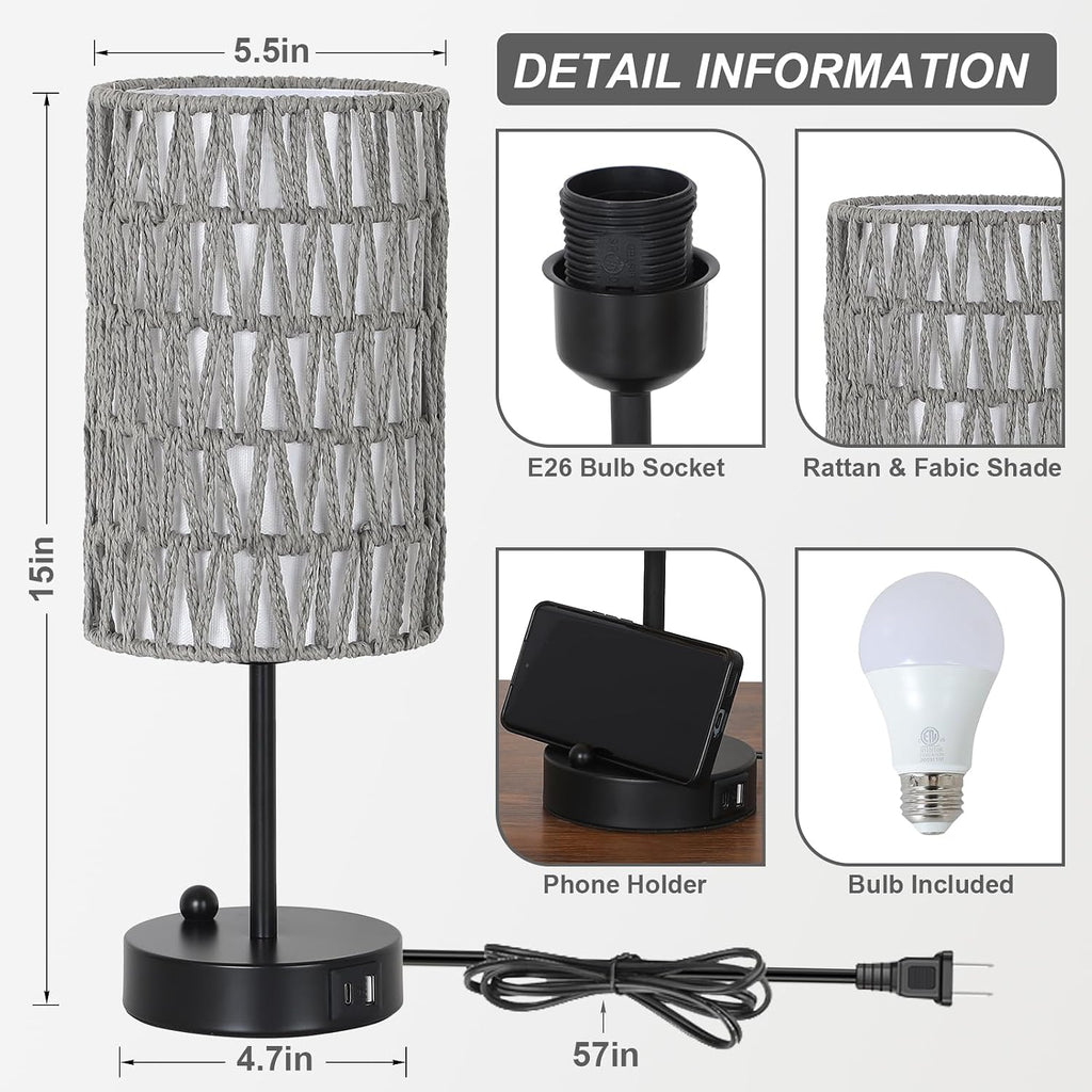 Gray Bedside Lamps Set of 2, Touch Control Night Stand Lamp for Bedroom with Rattan & Linen Shade & Bulbs, 3 Way Dimmable Small Boho…