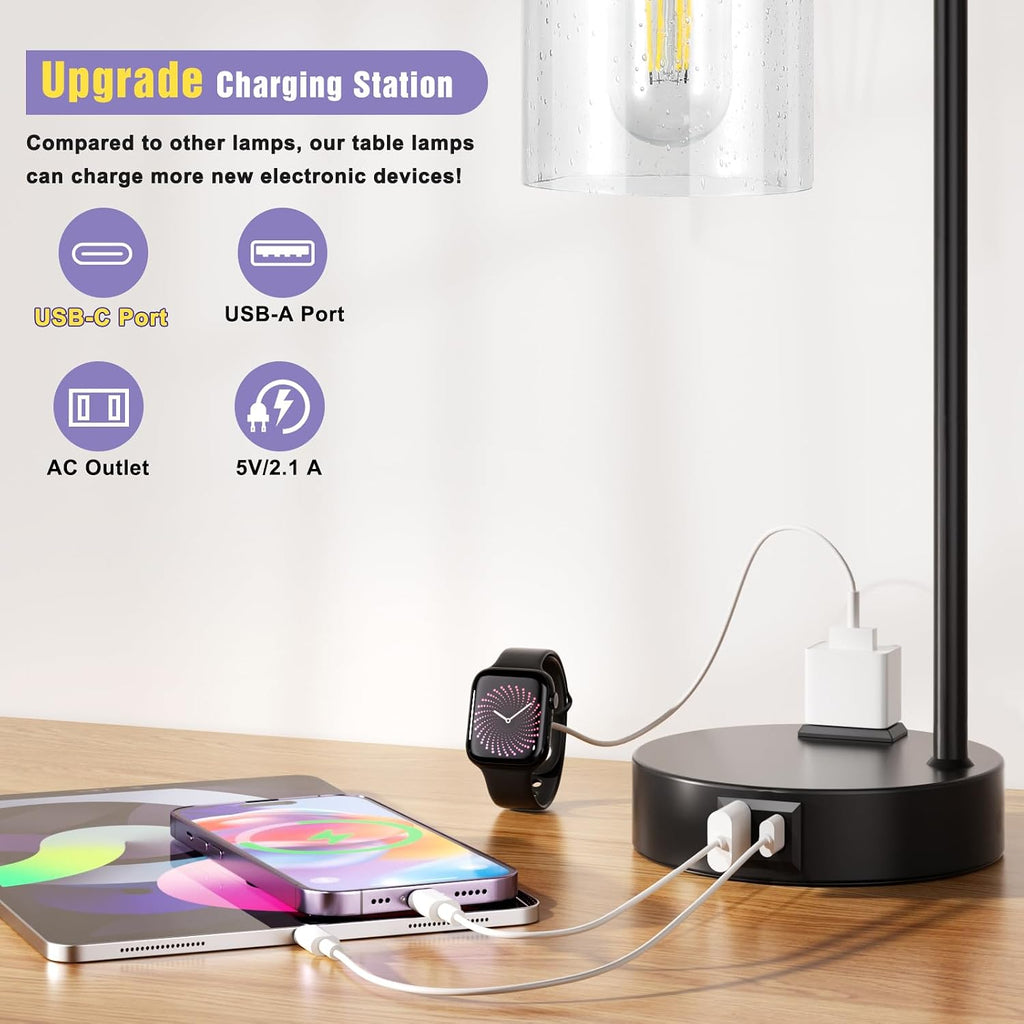 Industrial Touch Table Lamps for Bedrooms Set of 2 - 3-Way Dimmable Lamps with USB C+A Ports and Outlet, Black Bedside Lamps with Seeded…