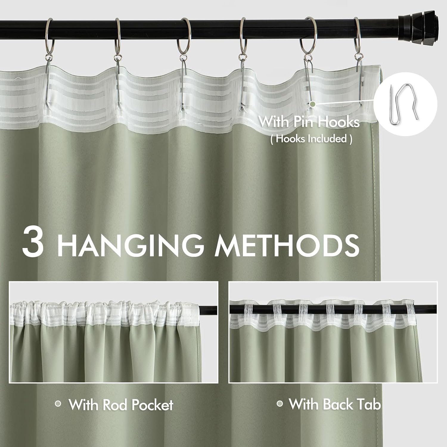 Miulee Sage Green Back Tab Blackout Curtains 63 Inch Length 2 Panels Set for Living Room Bedroom Privacy, Rod Pocket/Pinch Pleat Thermal In…
