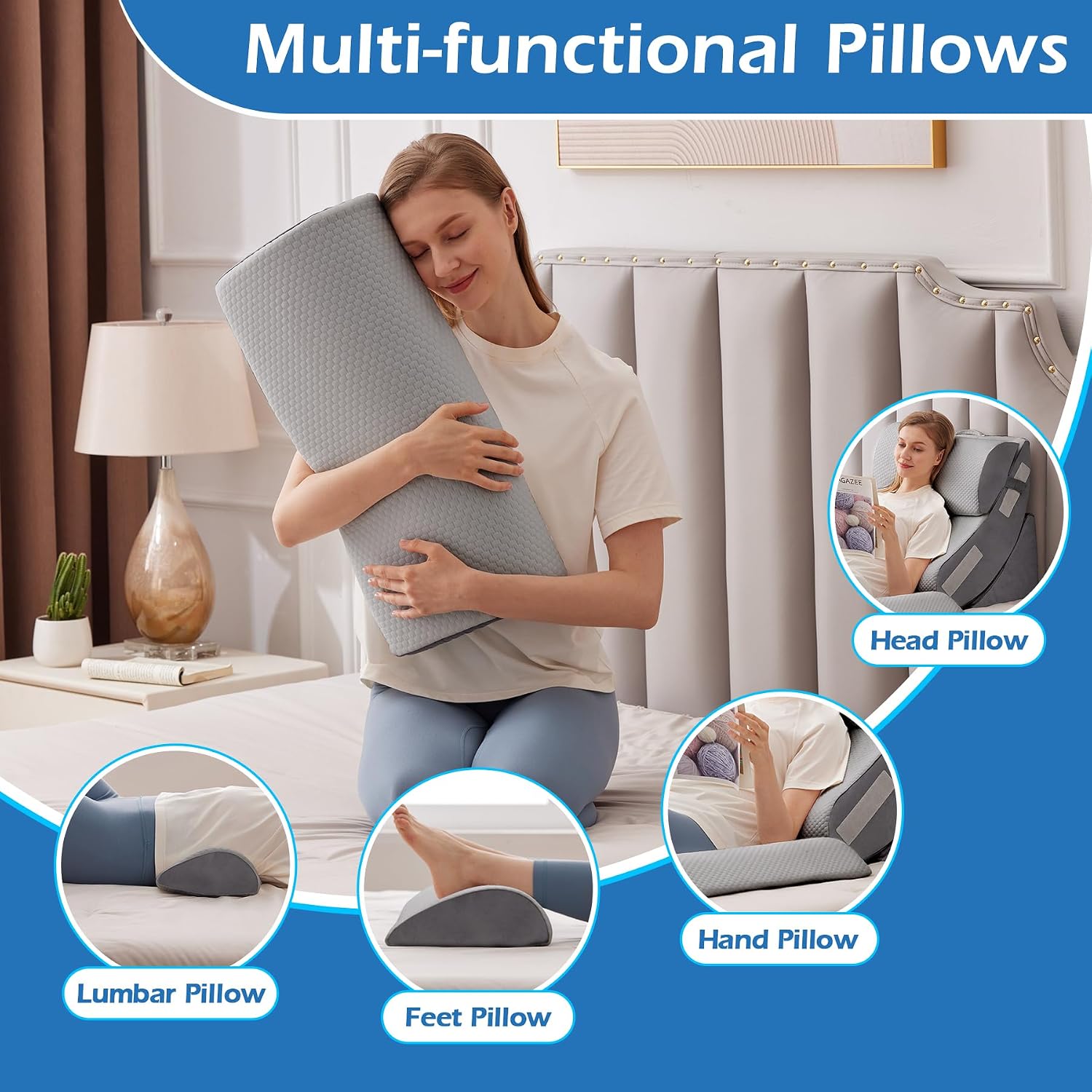 Ahpmeoa 6PCS Orthopedic Bed Wedge Pillow Set for Sitting up in Bed, Memory Foam Post Surgery Pillow for Back, Back Support Pillow for Acid…