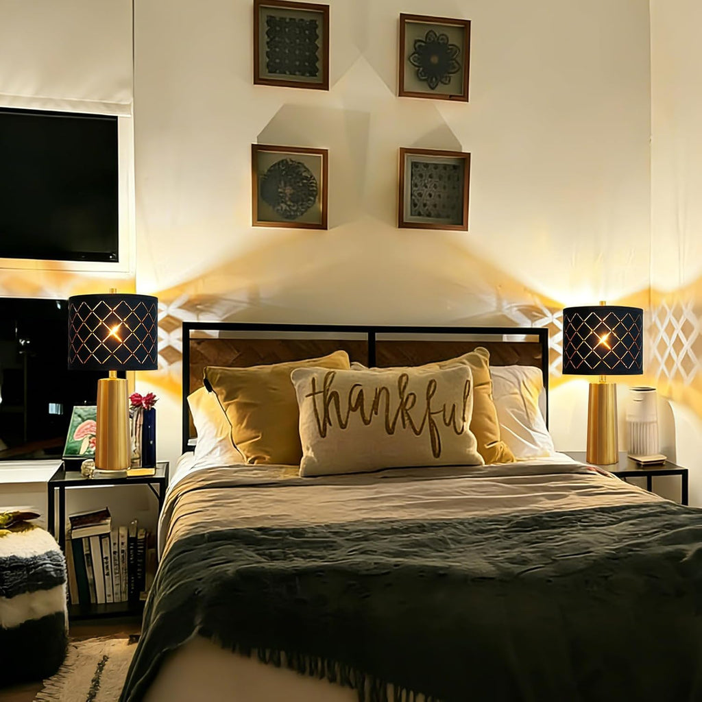 24" Modern Table Lamp for Living Room Bedroom, Gold Nightstand Resin Lamp with Black Grid Shade