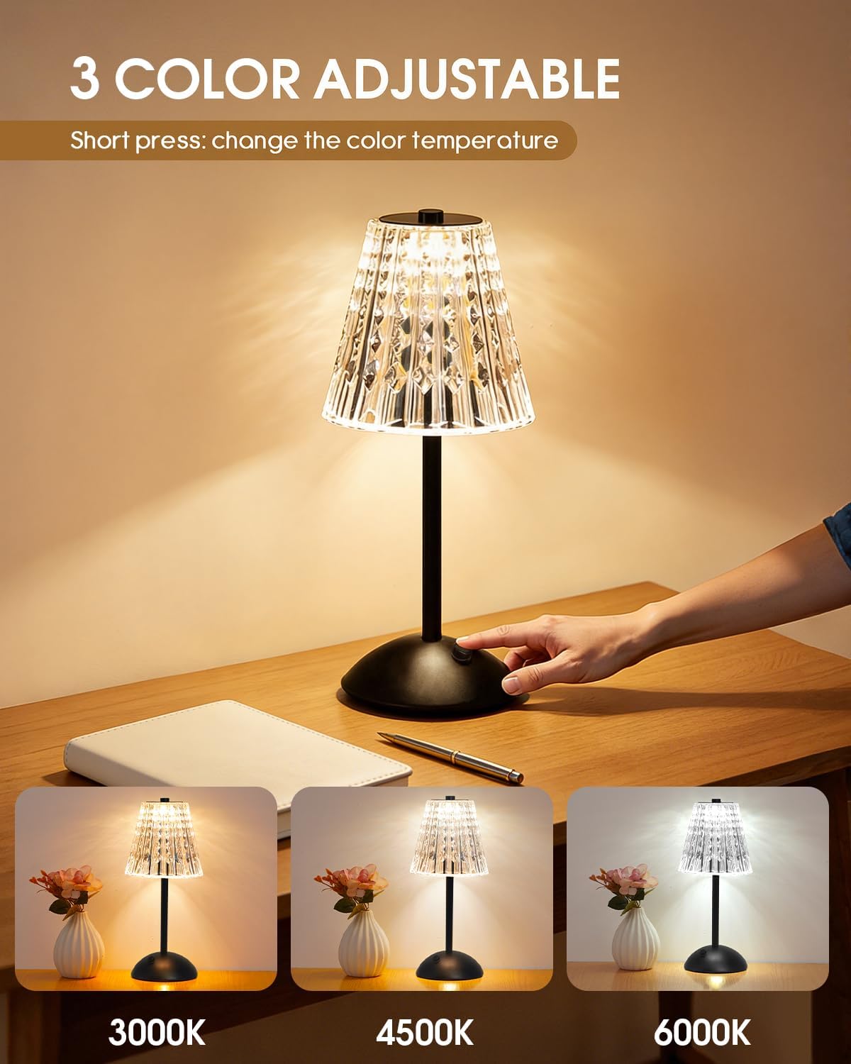 Nusogon Rechargeable Cordless Table Lamp, Touch Control Crystal Desk Lamp with 3500mAh Battery, 3 Color Dimmable LED Small Lamp for…