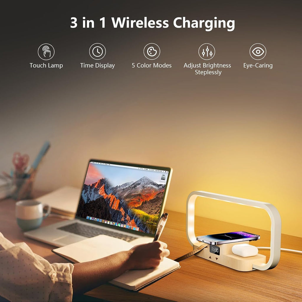 LED Bedside Lamp with Wireless Charger, 3-in-1 Touch Control Table Lamp with Clock, Dimmable Nightstand Lamp with 5 Color Modes, Modern…