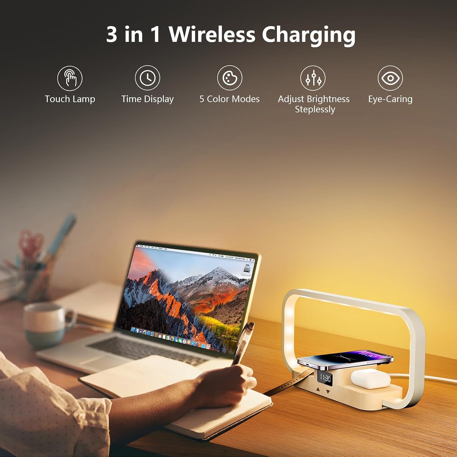 LED Bedside Lamp with Wireless Charger, 3-in-1 Touch Control Table Lamp with Clock, Dimmable Nightstand Lamp with 5 Color Modes, Modern…