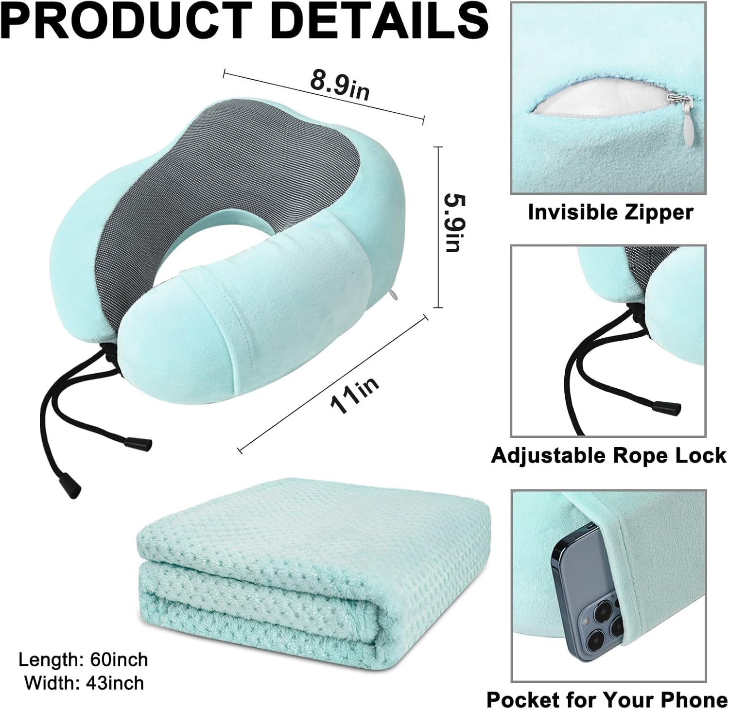 urnexttour Travel Pillow and Blanket Set Neck Pillows Soft Blankets with Sleep Mask Travel Essentials for Airplane Car Memory Foam Blue…
