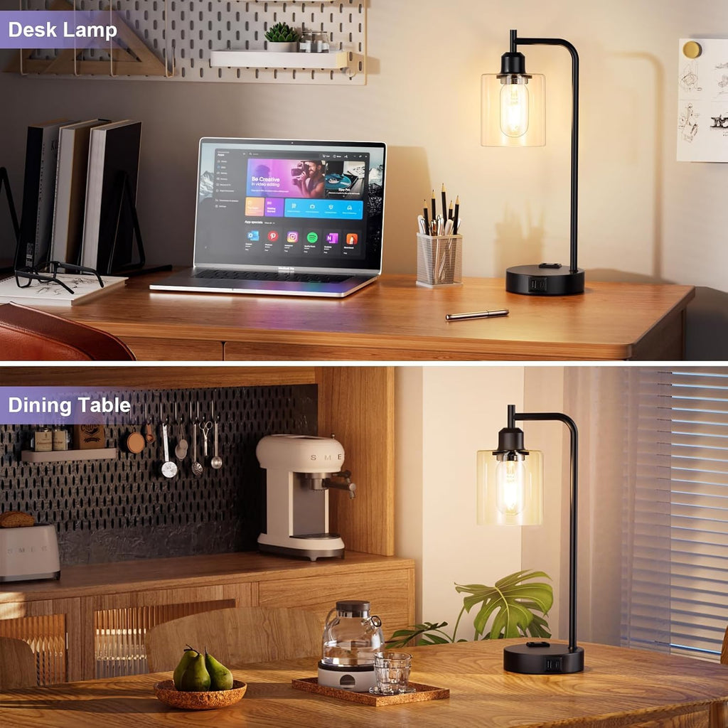 Industrial Touch Table Lamps for Bedrooms Set of 2 - 3-Way Dimmable Nightstand Lamps with USB C+A Ports and Outlet, Black Bedside Lamps…