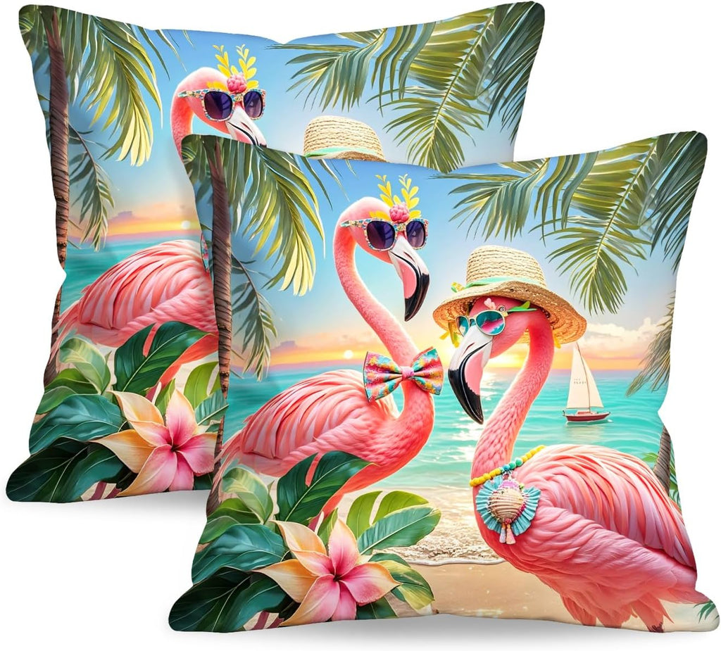 BlissYard Flamingo Beach Throw Pillow Covers 18x18 Set of 2 Tropical Decorative Pillow Covers Coastal Summer Cushion Covers Pink Flamingo…