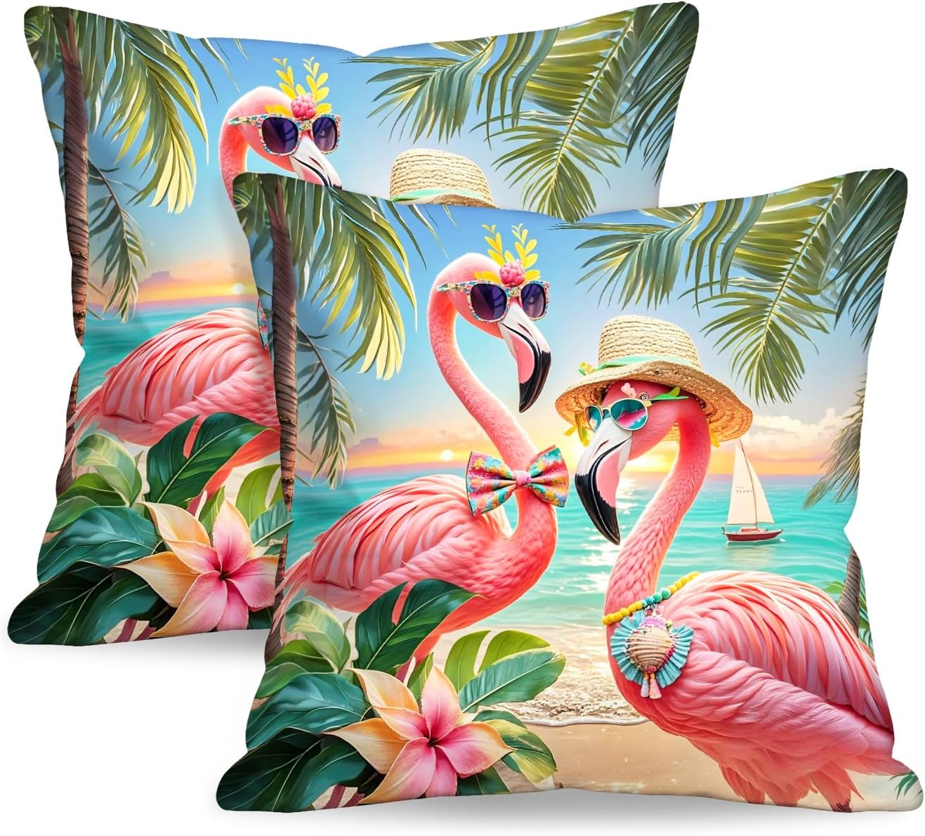 BlissYard Flamingo Beach Throw Pillow Covers 18x18 Set of 2 Tropical Decorative Pillow Covers Coastal Summer Cushion Covers Pink Flamingo…