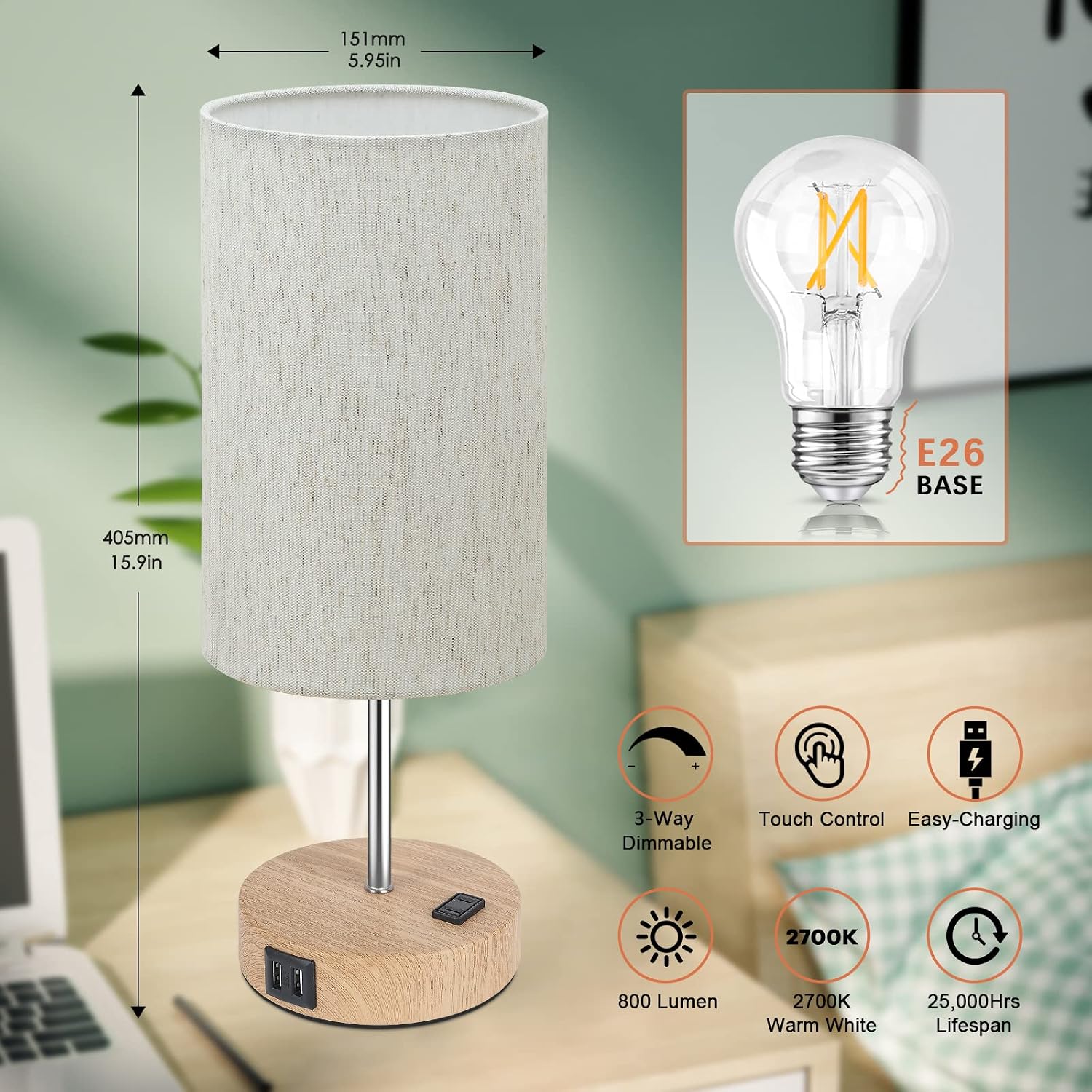 Brightever Table Lamps Set of 2 Touch Control, 2 USB Charging Ports&AC Outlet, 3-Way Dimmable Bedside Nightstand Lamp with Flaxen Fabric Sh…