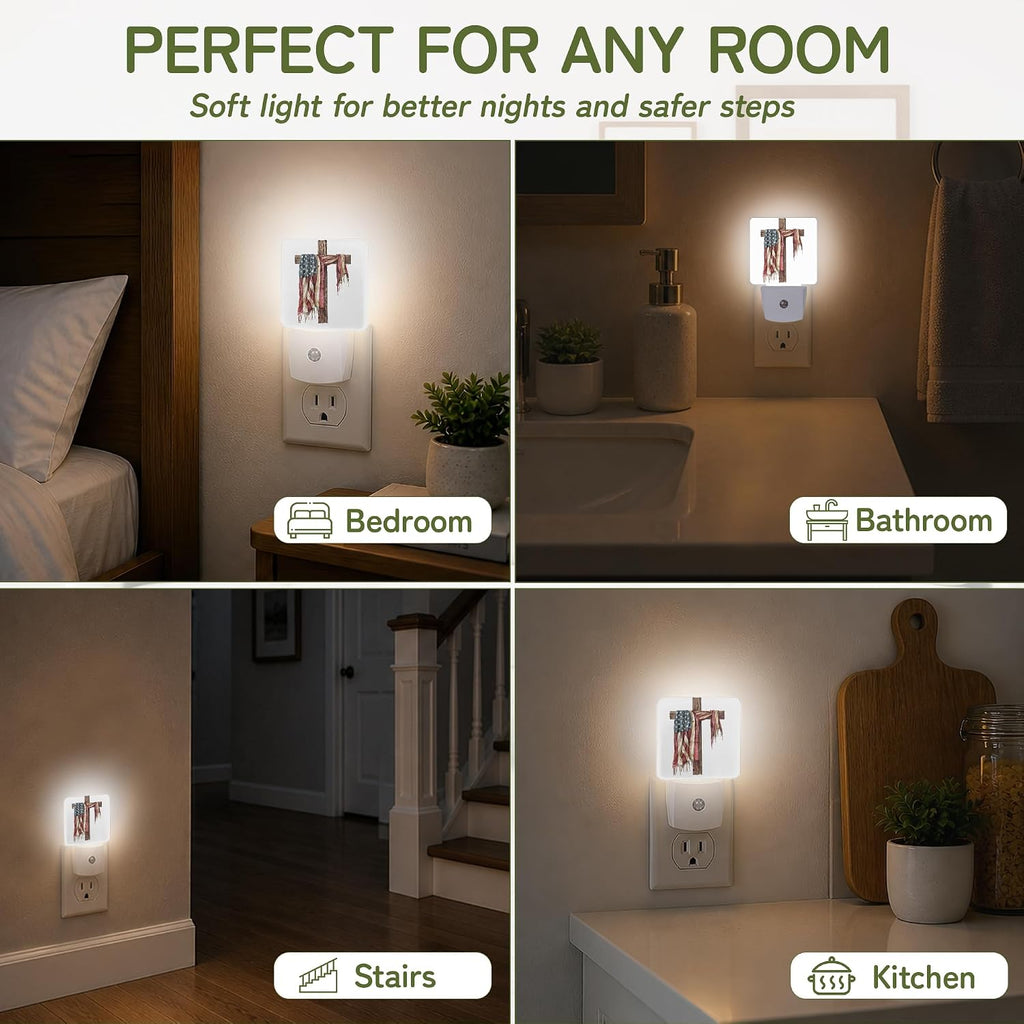 Patriotic Rustic Cross Night Lights Plug into Wall, Night Light for Bedroom Bathroom Hallway Kitchen, Auto Dusk to Dawn Sensor Decorative…