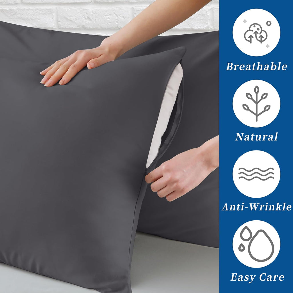 ZaizaiHome Standard Pillow Protector Set of 2, 100% Egyptian Cotton Cases With Zipper, 400 Thread Count Sateen Weave, Dark Grey, Standard S…
