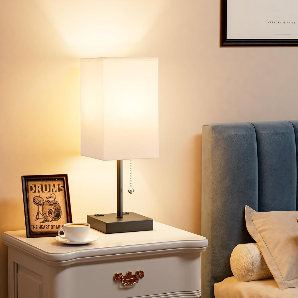 Aooshine White Medium Table Lamp with USB Ports - 3 Color Temperature Bedside Lamp for Bedroom, Pull Chain Control, USB A and C Ports, 2 AC…