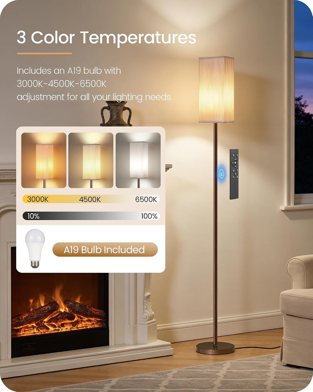 64.2'' Dimmable Floor Lamp for Living Room with Remote and Foot Switch, Corner Floor Lamp for Bedroom, Includes 10W A19 Bulb, Modern…