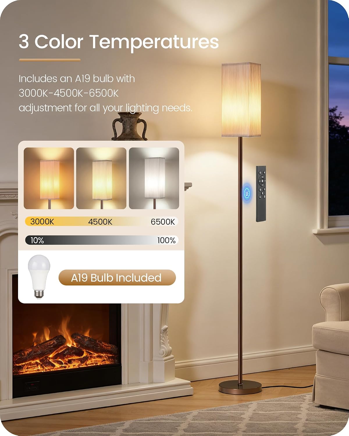 64.2'' Dimmable Floor Lamp for Living Room with Remote and Foot Switch, Corner Floor Lamp for Bedroom, Includes 10W A19 Bulb, Modern…
